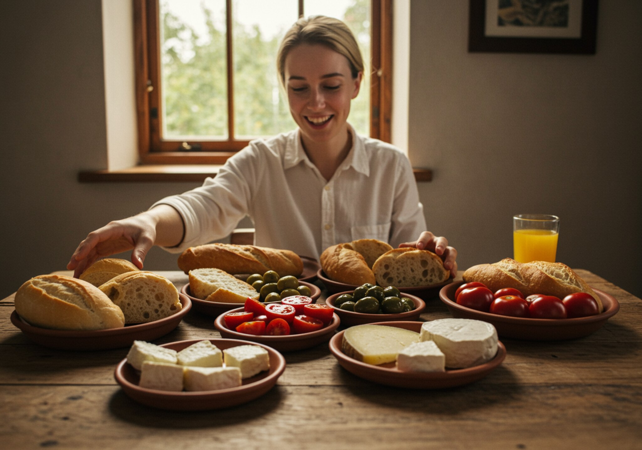 "Persona sonriente disfrutando de tapas españolas y bocadillos caseros en una mesa rústica iluminada por la luz natural."