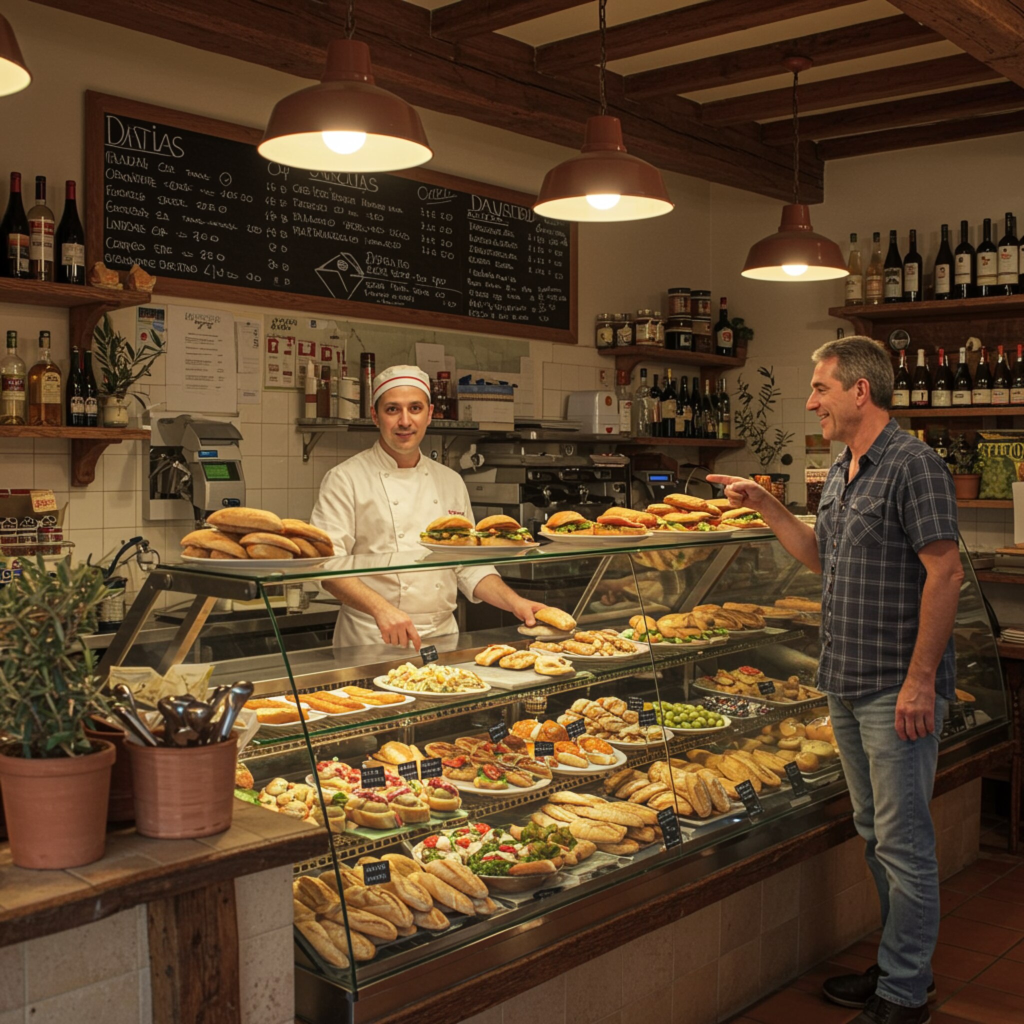 imagen1 1 2 "Interior acogedor de una bodega española con tapas artesanales, un chef sirviendo bocadillos frescos y un ambiente rústico iluminado por luz natural."