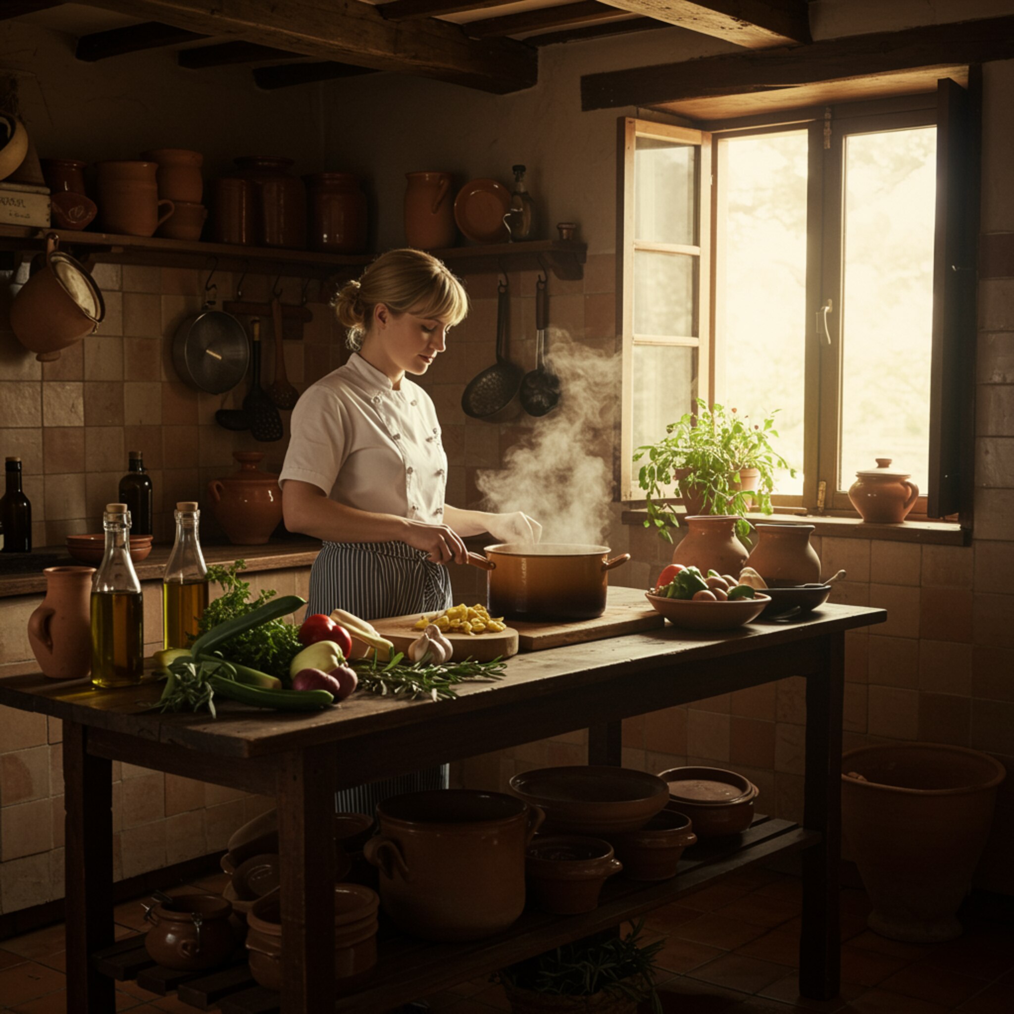 "Chef mujer blanca en cocina española rústica preparando un guiso tradicional rodeada de verduras frescas y hierbas aromáticas."