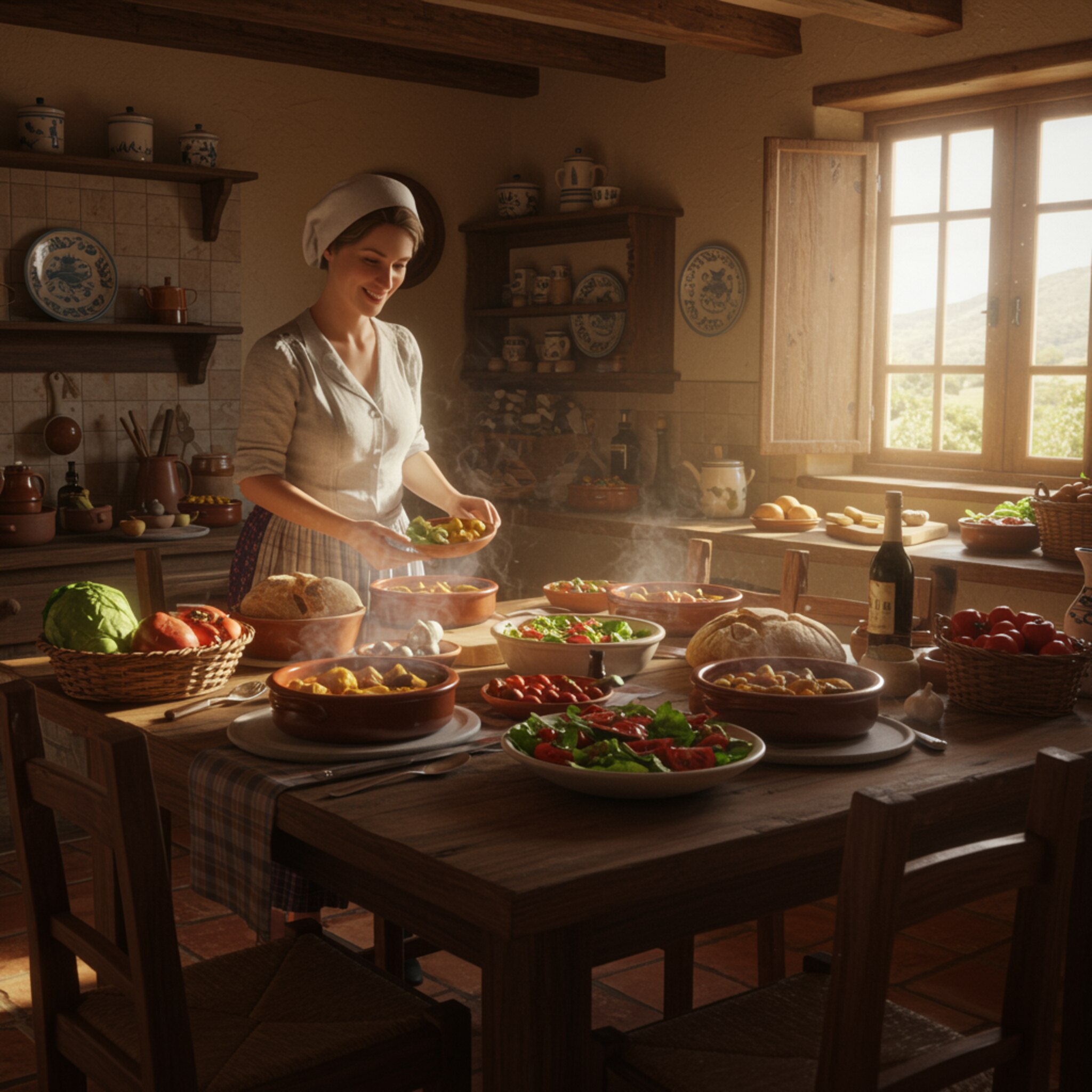 imagen1 1 "Ilustración digital hiperrealista de una acogedora cocina de campo con mesa rústica, donde una chef sonriente presenta un almuerzo casero con estofado español, pan artesanal y ensalada fresca, rodeada de verduras y utensilios de cocina."